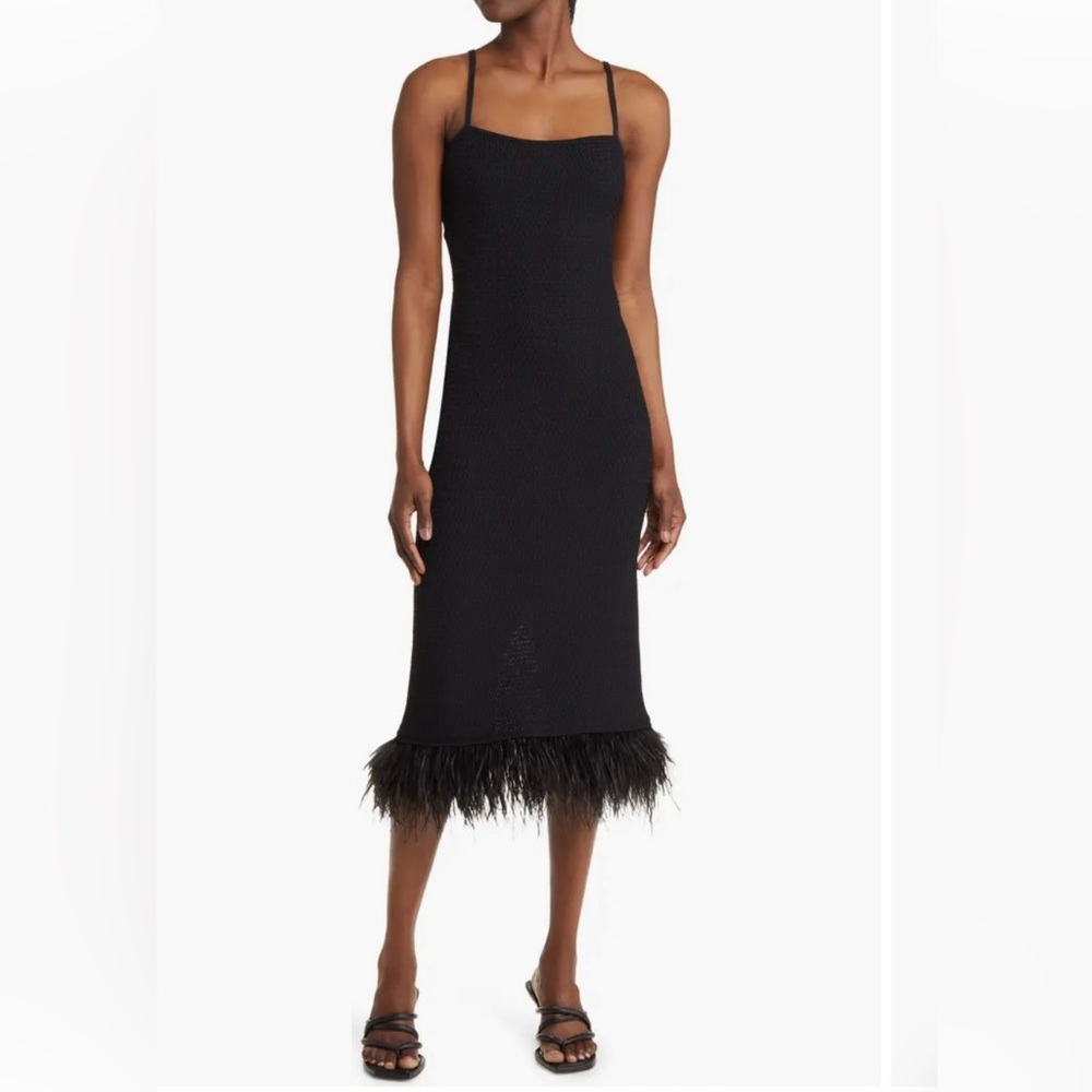 Frame Crochet Feather-Trim Midi Dress in Black- Size XS